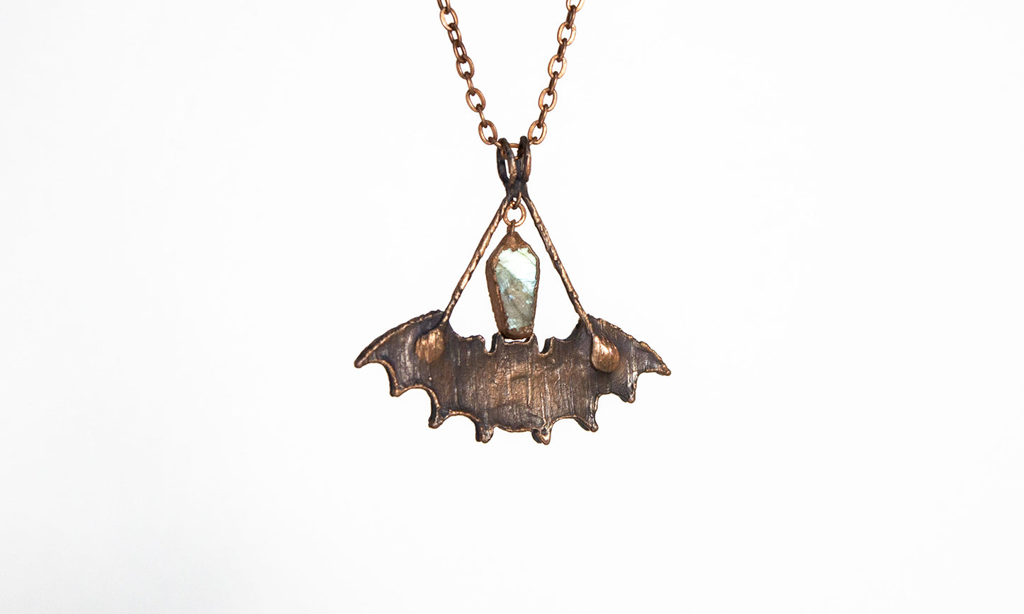 Electroformed Bat with Labradorite Coffin Pendant