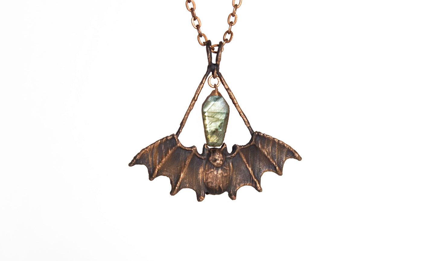 Electroformed Bat with Labradorite Coffin Pendant